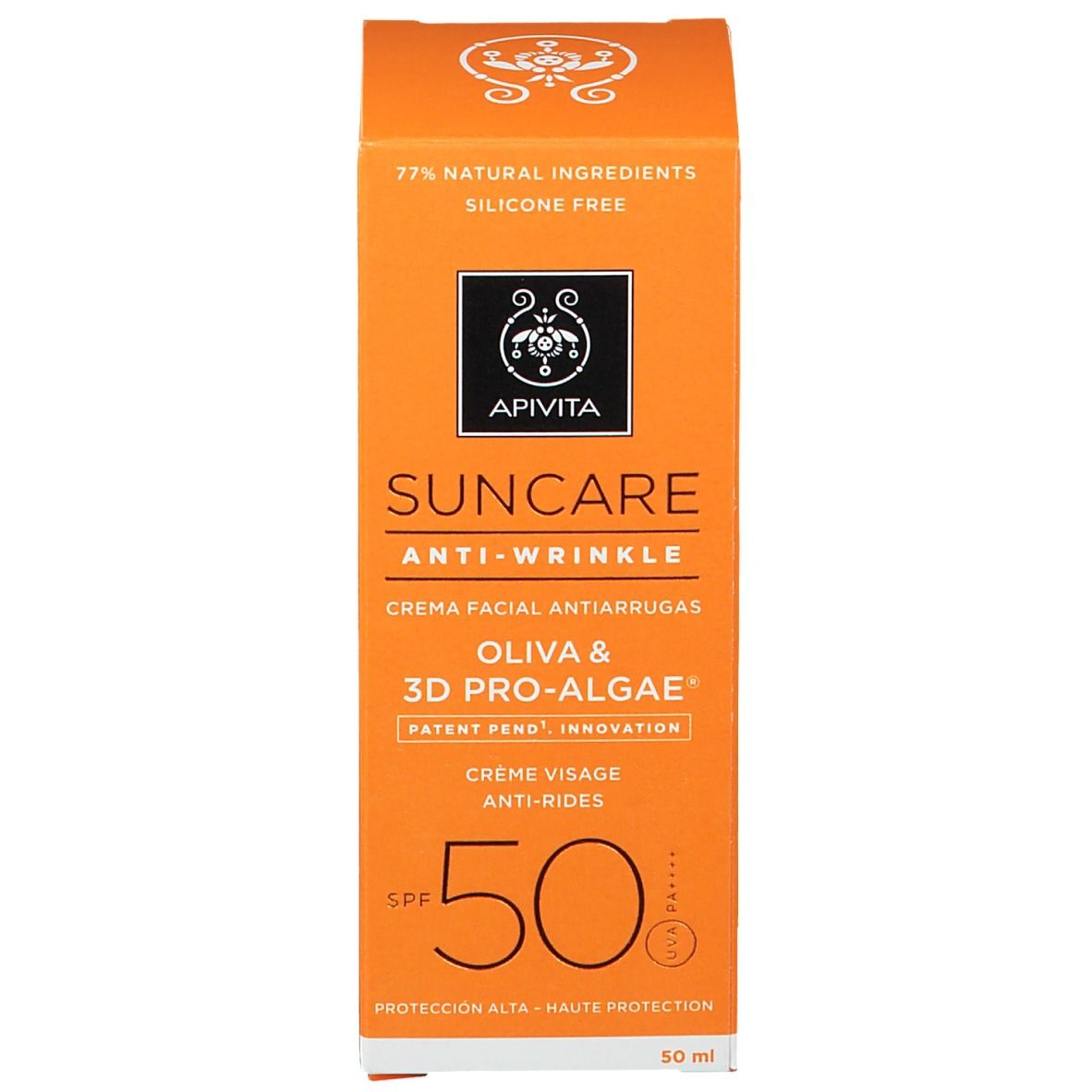 Scatola Apivita Suncare Anti-Wrinkle Face Cream SPF50. 77% ingredienti naturali. 50 ml.