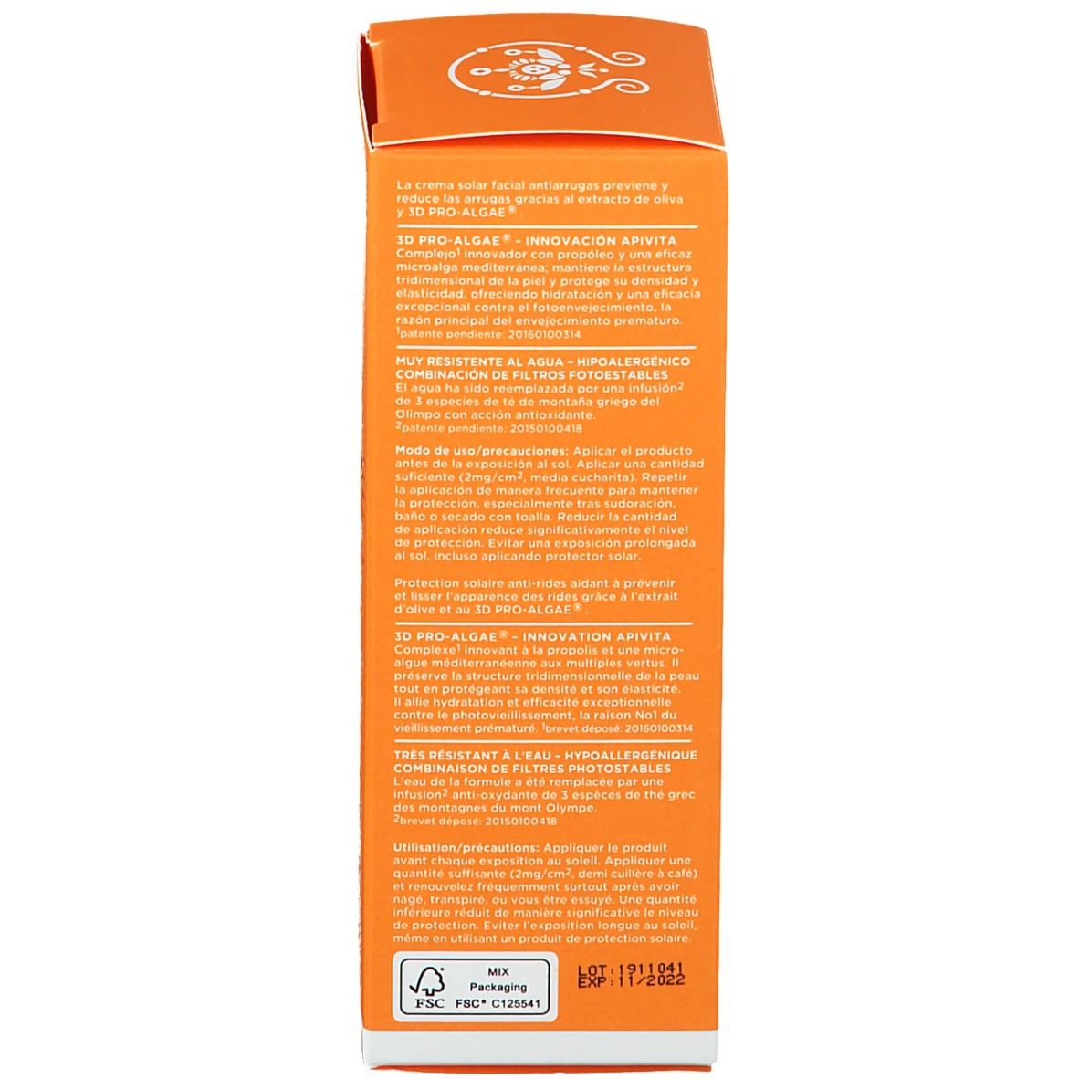 Retro della scatola. Testo: Anti-Wrinkle Face Cream. 3D Pro-Algae. Resistente all'acqua. Certificazione FSC.