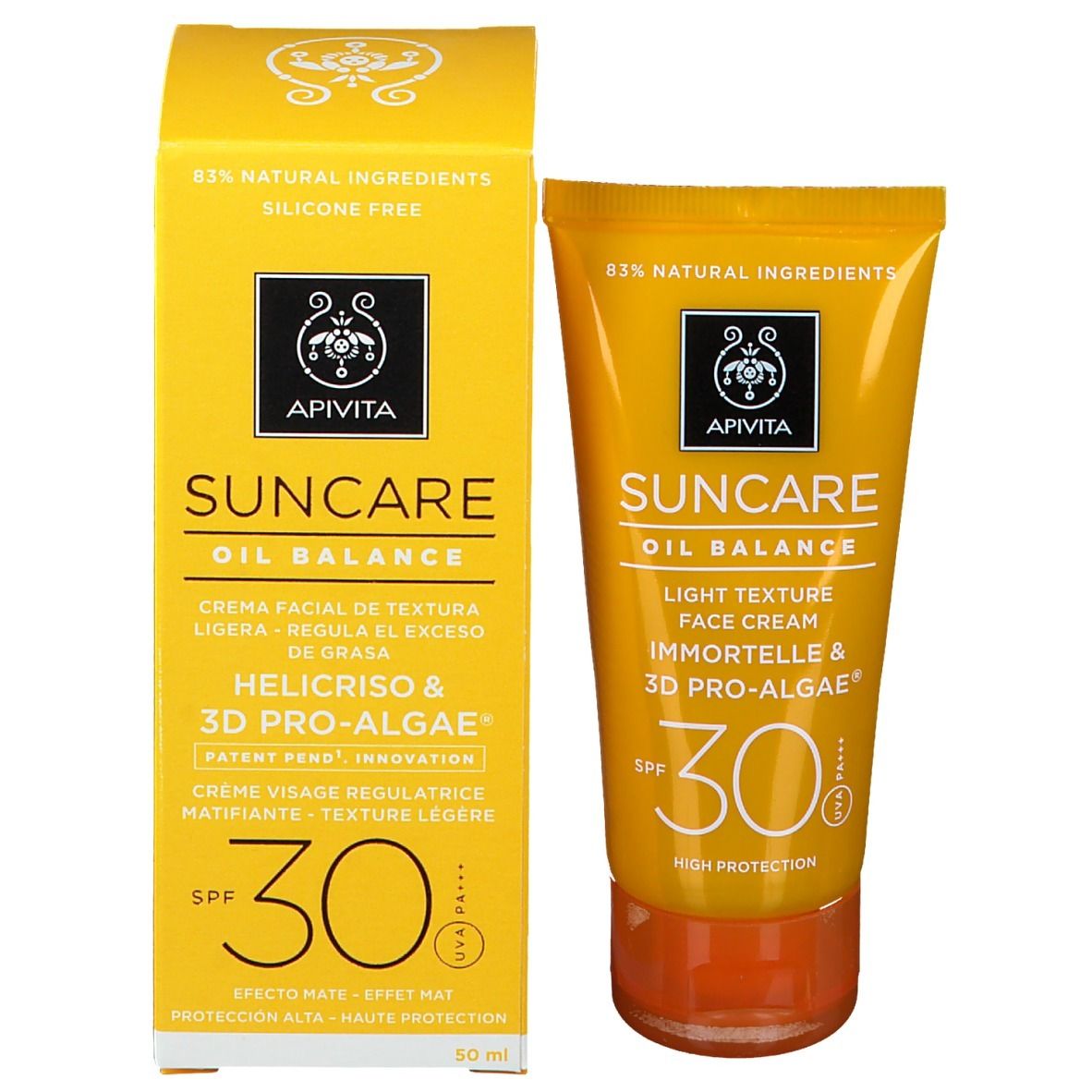 Tubo e scatola di crema solare. Scritta: Apivita Suncare Oil Balance, SPF 30. Confezione gialla.