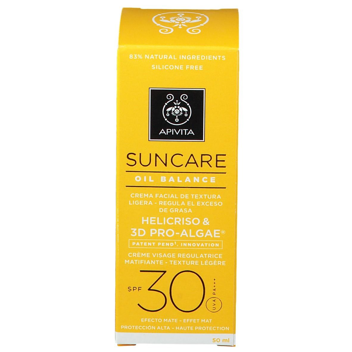 Scatola gialla di crema solare. Scritta: Apivita Suncare Oil Balance, SPF 30. Testo e logo.