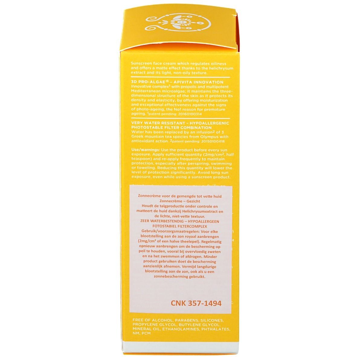 Retro di una scatola di crema solare gialla. Testo con informazioni sul prodotto e ingredienti.