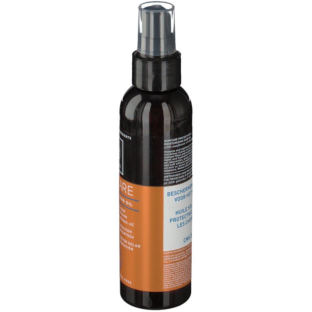 Flacone scuro con vaporizzatore. Scritta: Suncare Protective Hair Oil. Testo in tedesco, olandese e francese.