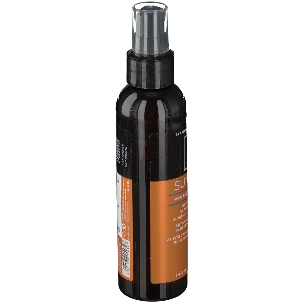 Flacone scuro con vaporizzatore. Scritta: Suncare Protective Hair Oil. Testo multilingue.