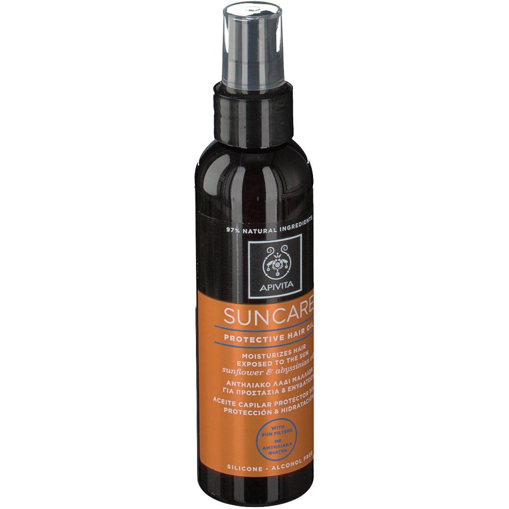 Flacone scuro con vaporizzatore. Scritta: APIVITA Suncare Protective Hair Oil. Contiene il 98% di ingredienti naturali.