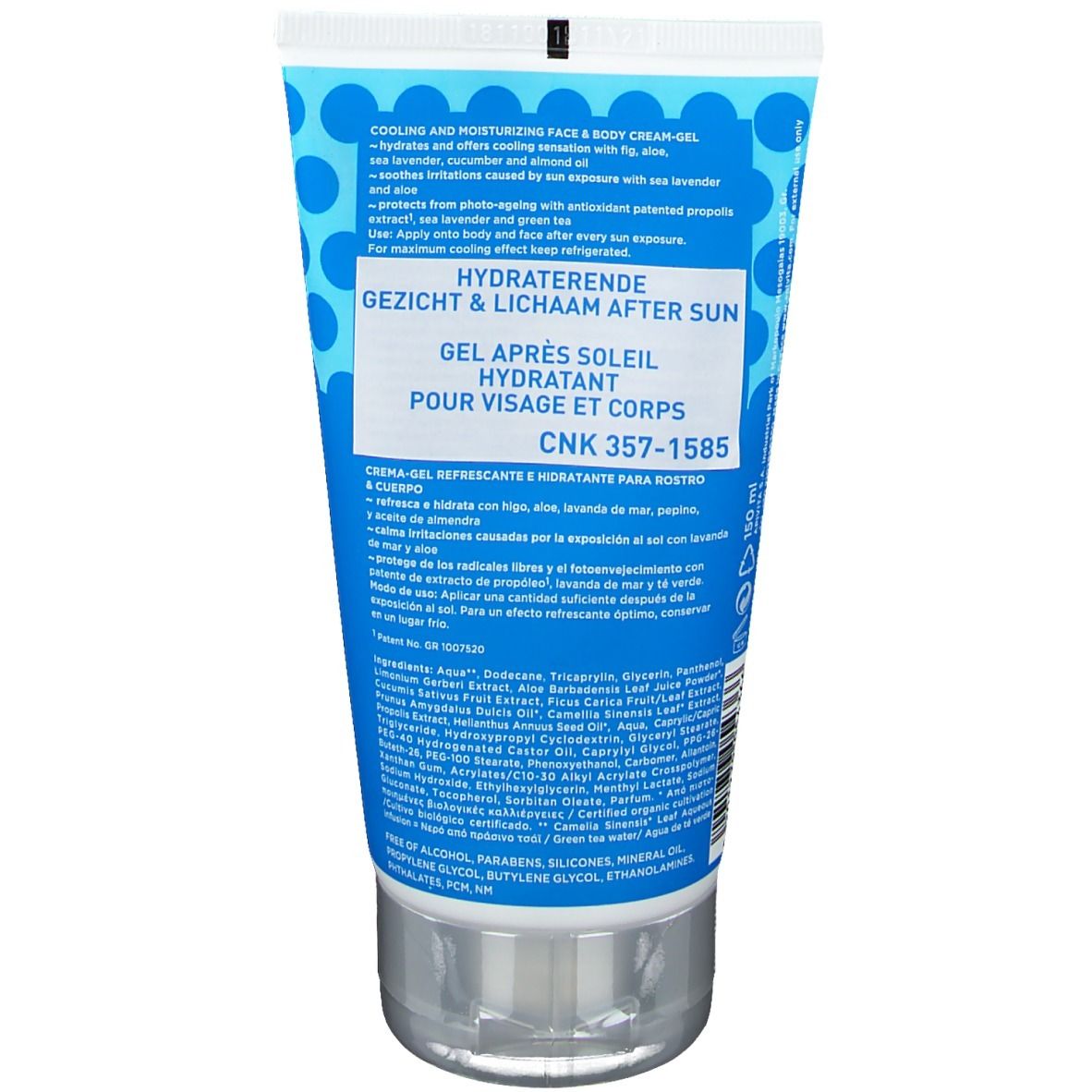 Retro del tubo blu. Testo multilingue. Contiene aloe vera e lavanda marina.