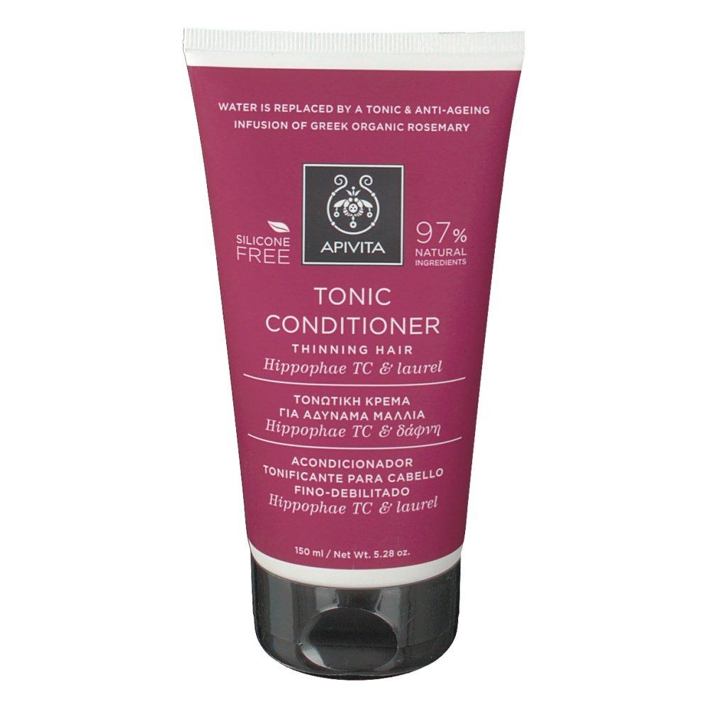 Tubo rosa e bianco. Logo Apivita, testo: Tonic Conditioner, capelli diradati. 97% naturale. 150 ml.