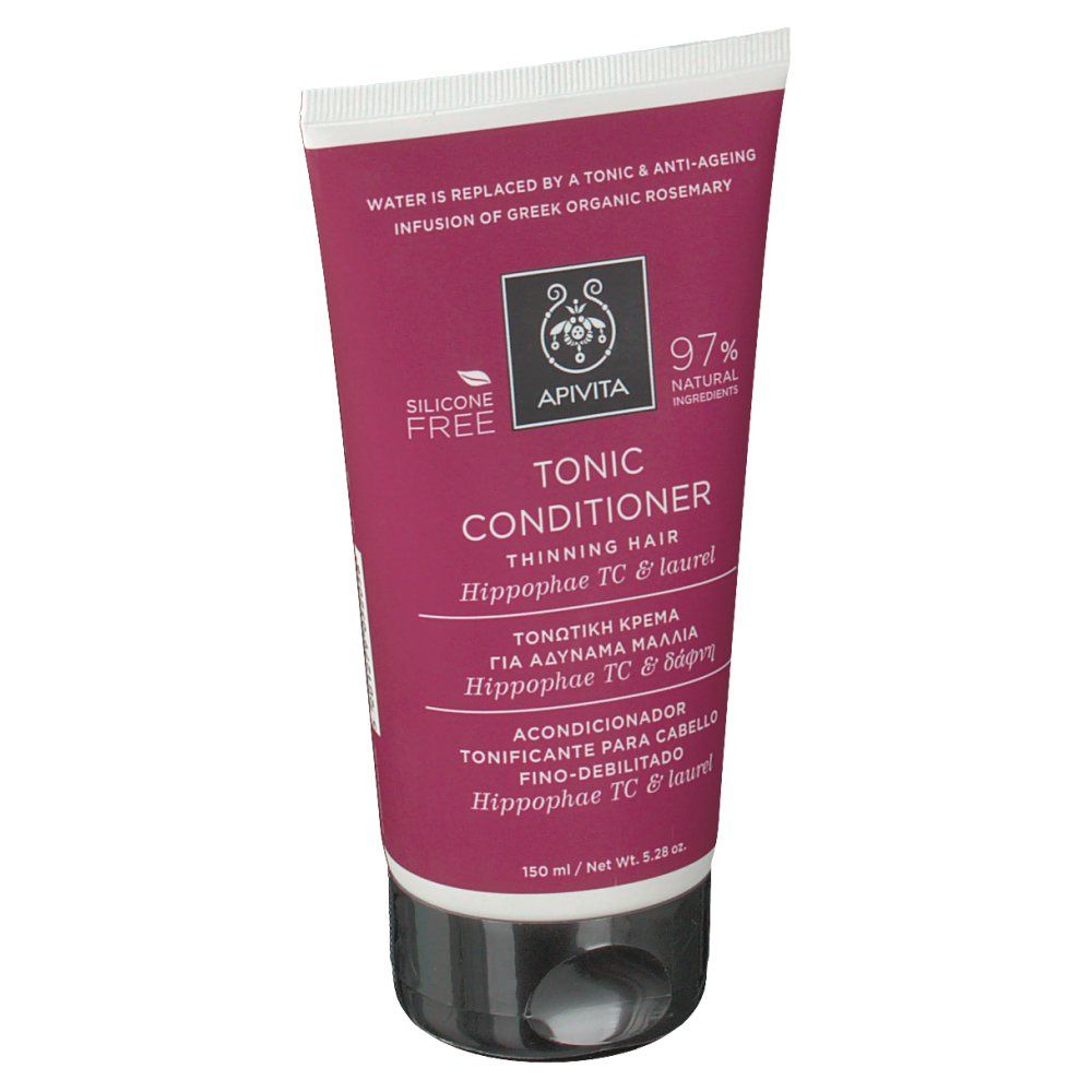 Tubo rosa e bianco. Logo Apivita, testo: Tonic Conditioner, capelli diradati. 97% naturale. 150 ml.