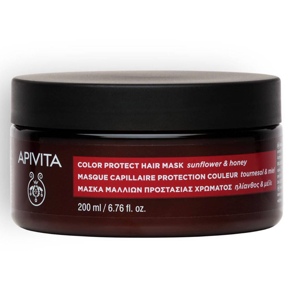 Barattolo marrone con coperchio nero. Scritta: APIVITA, COLOR PROTECT HAIR MASK, girasole e miele. 200 ml.
