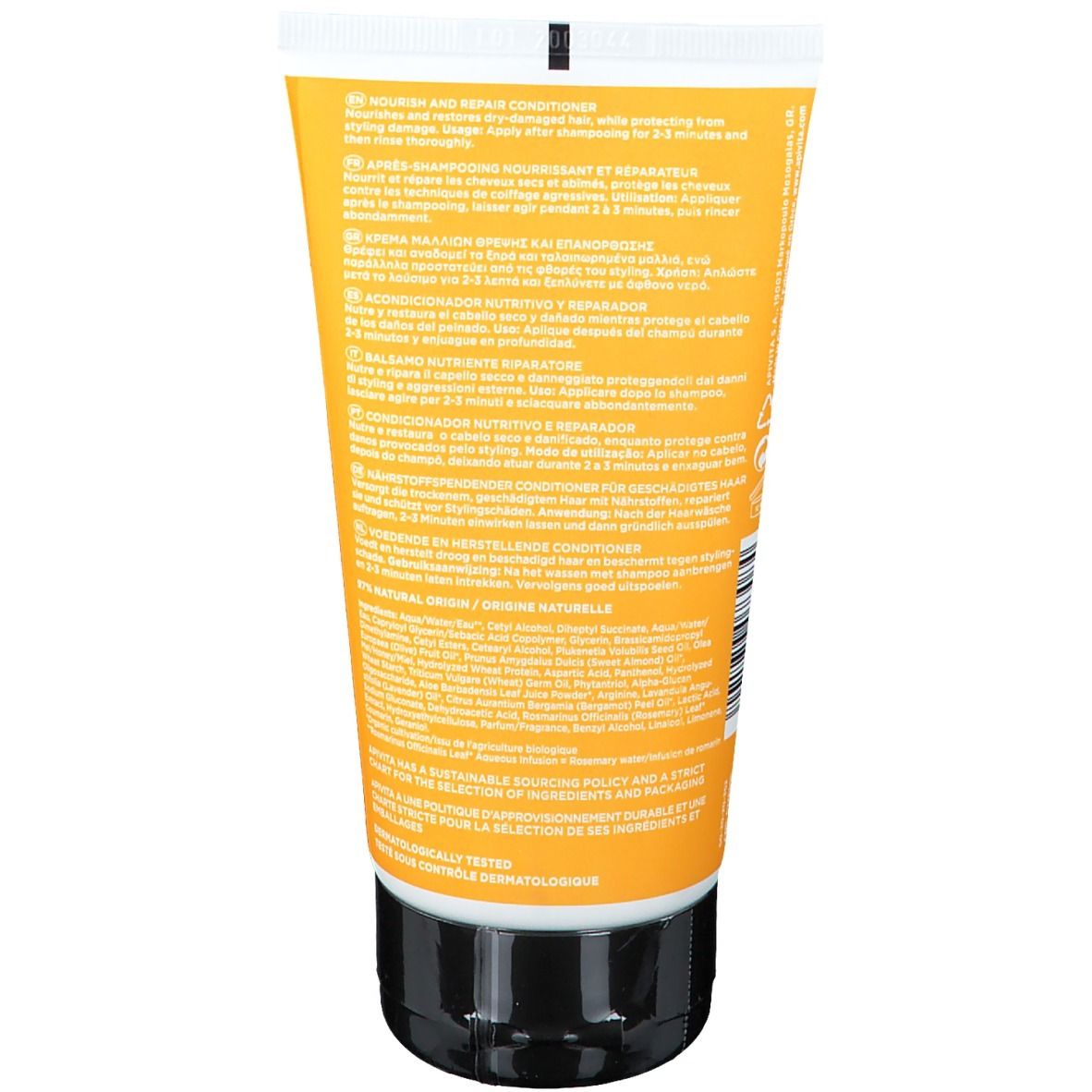 Retro del tubo giallo. Testo multilingue. Contiene informazioni sull'uso e sugli ingredienti.