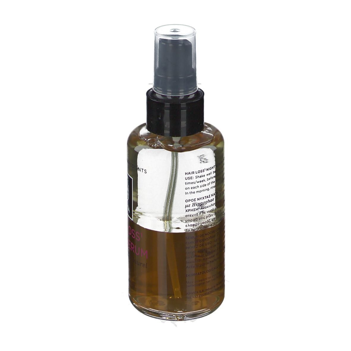 Retro di un flacone spray con liquido marrone. Erogatore nero. Scritta sull'etichetta.