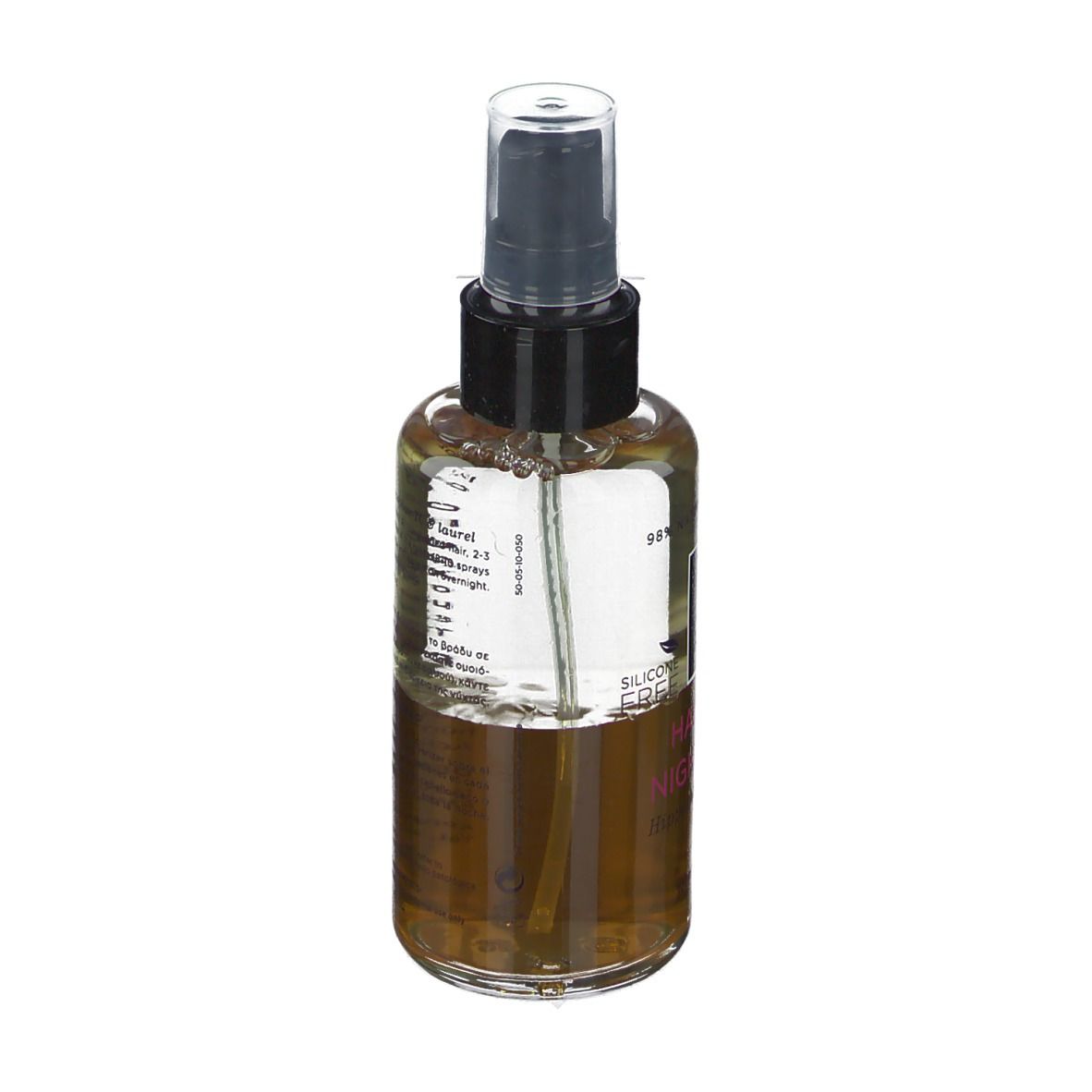 Retro di un flacone spray con liquido marrone. Erogatore nero. Scritta sull'etichetta.