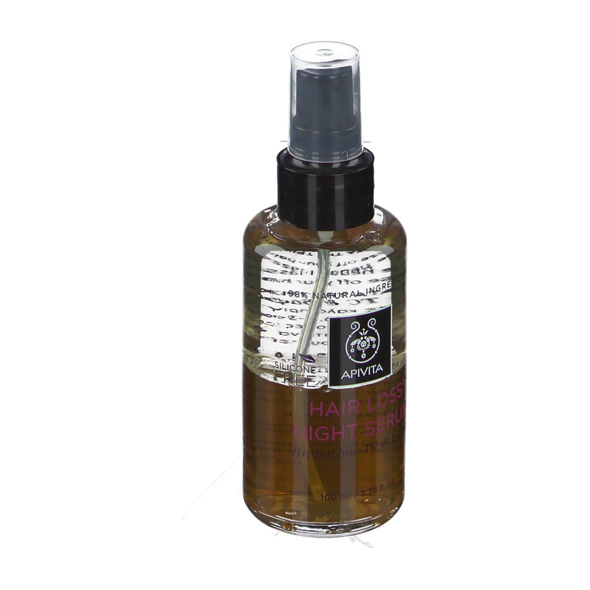 Flacone spray con liquido marrone. Erogatore nero. Scritta: Apivita Hair Loss Night Serum.