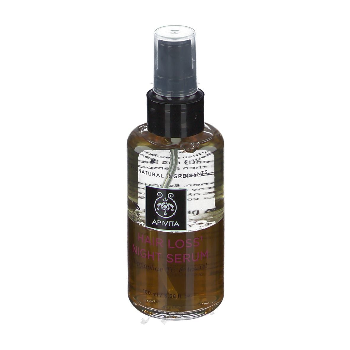 Flacone spray con liquido marrone. Erogatore nero. Scritta: Apivita Hair Loss Night Serum.