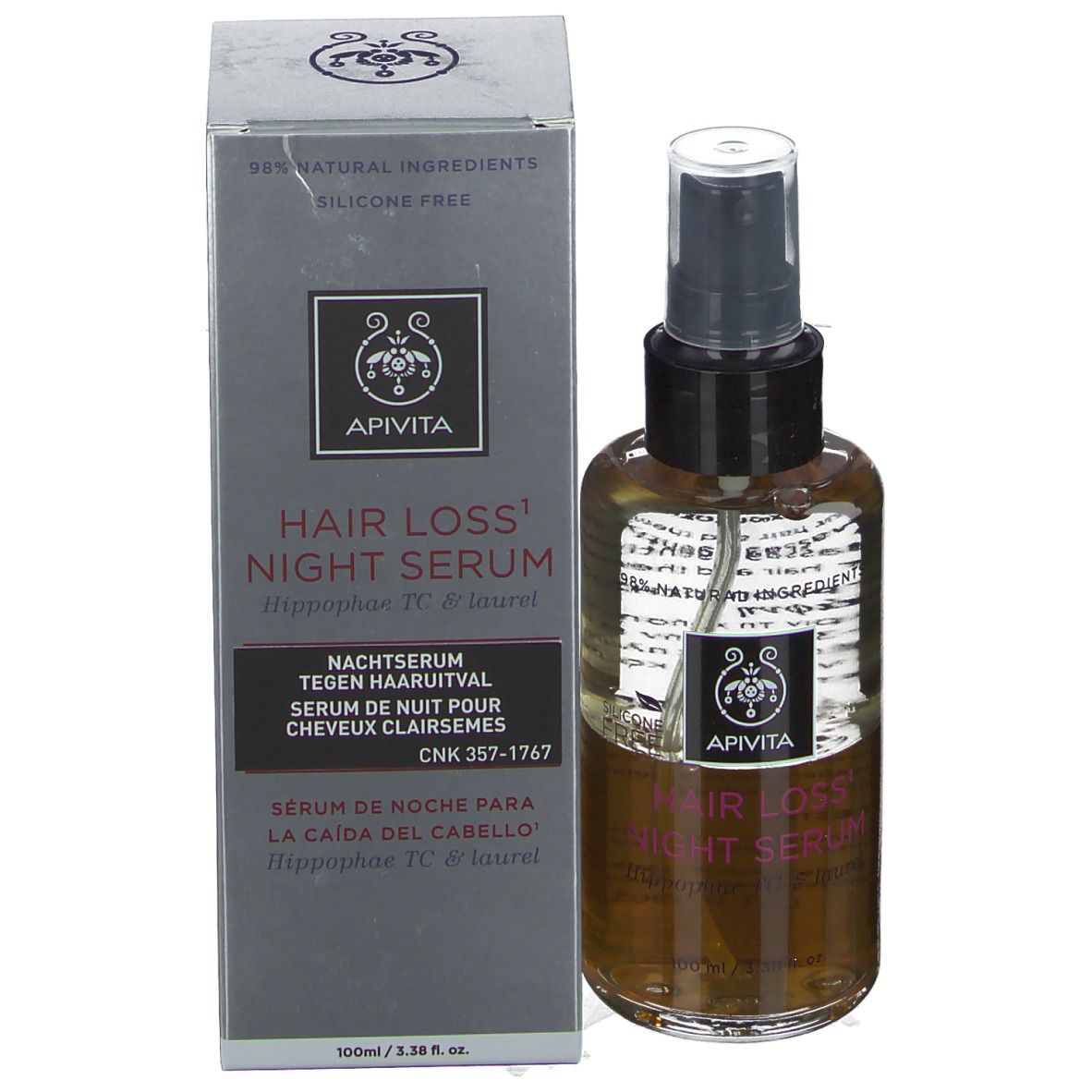 Prodotto con confezione. Flacone con liquido marrone, erogatore nero. Scritta: Apivita Hair Loss Night Serum.