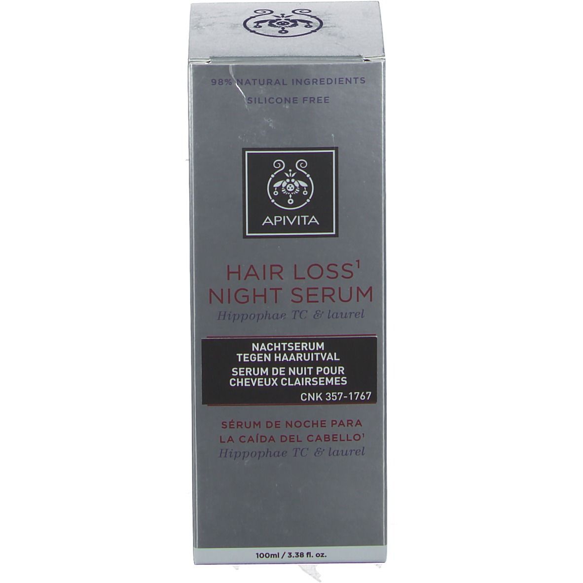 Confezione con scritta: Apivita Hair Loss Night Serum. Scatola grigia con nome del prodotto e logo.