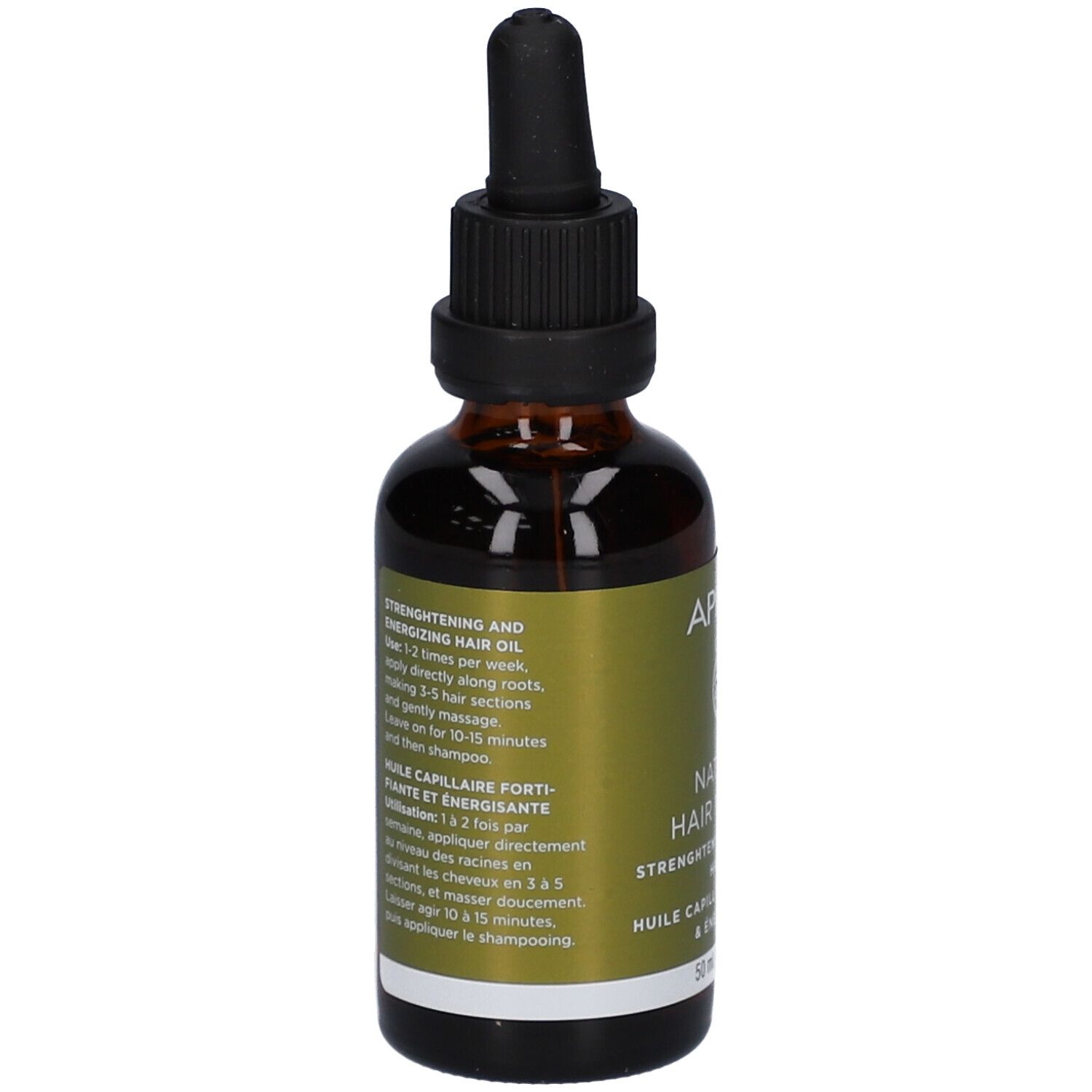 Flacone in vetro marrone con contagocce, contenente olio per capelli. Etichetta con informazioni sul prodotto.