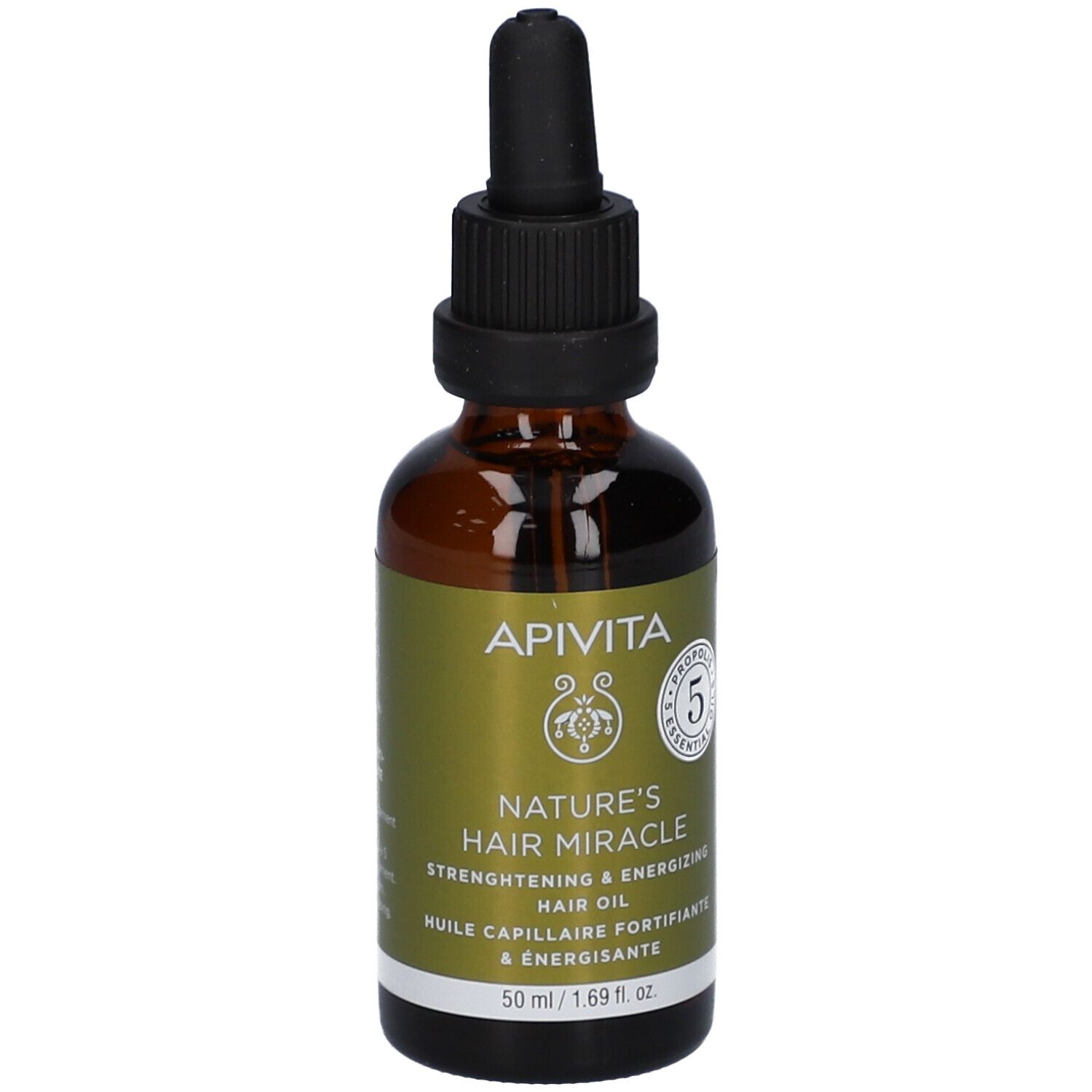 Flacone in vetro marrone con contagocce, contiene 50 ml di olio per capelli.