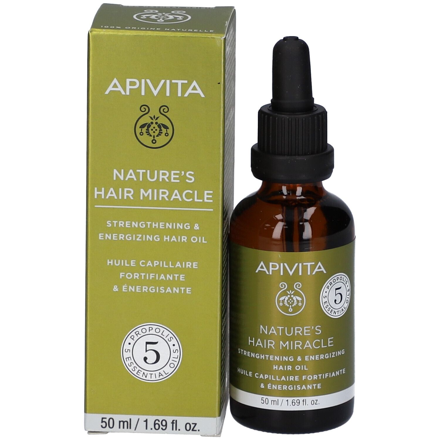 Apivita Nature's Hair Miracle Olio Rinforzante & Energizzante per Capelli, 50 ml. Flacone in vetro marrone con contagocce e scatola.