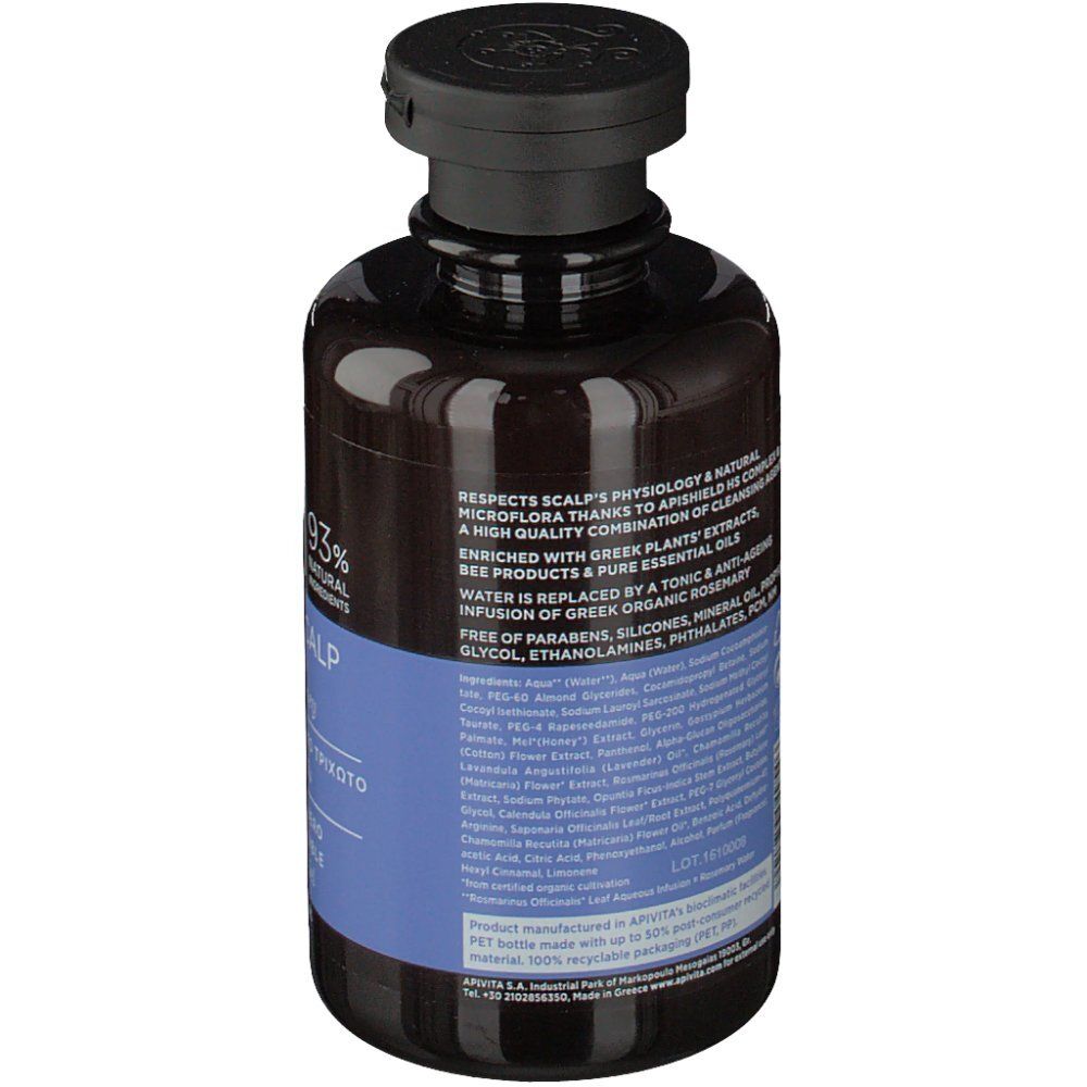 Retro del flacone marrone. Testo: 93% ingredienti naturali. Ingredienti e informazioni in inglese.