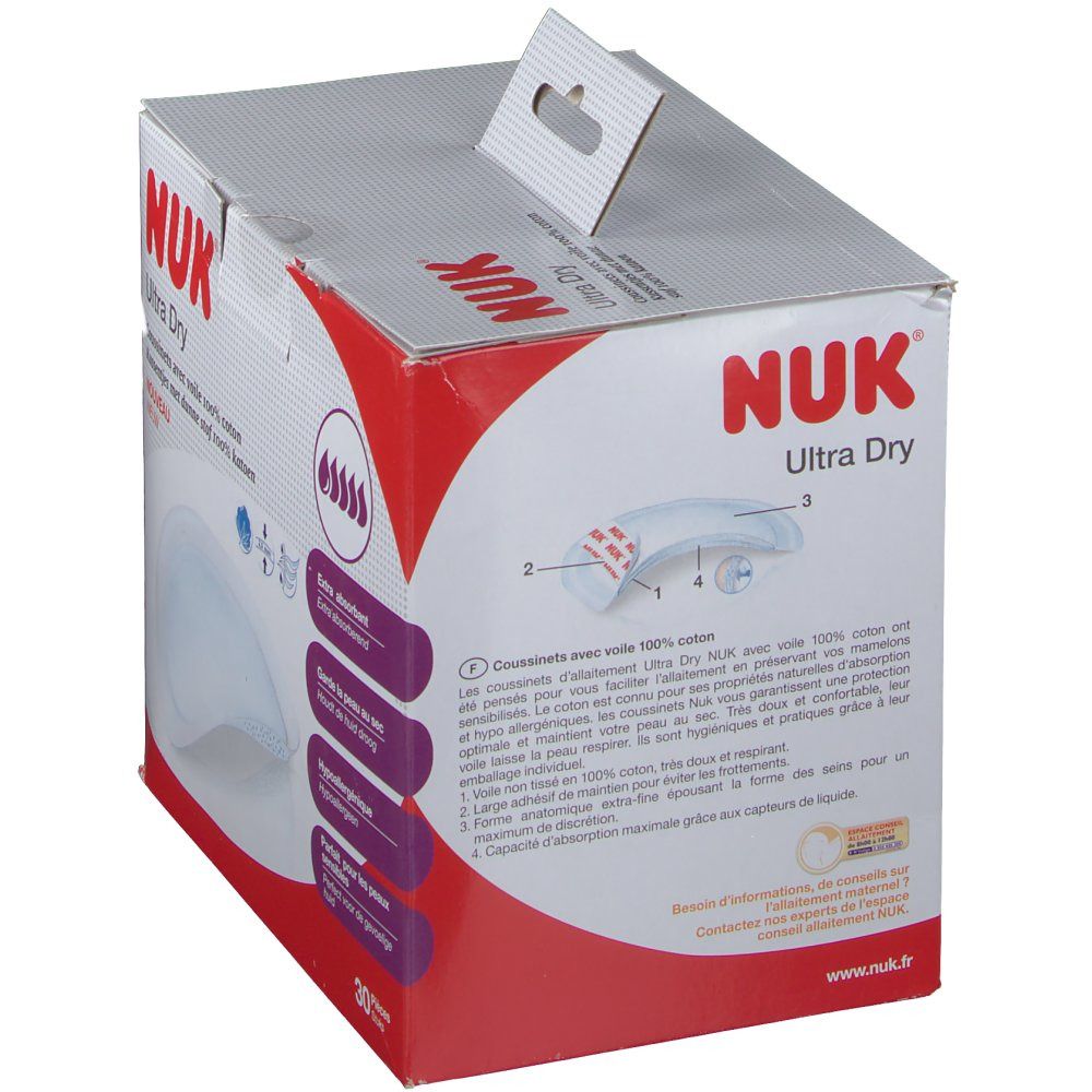 Confezione NUK Ultra Dry. Descrizione e illustrazioni del prodotto. Contiene 30 pezzi. Scritte: Extra assorbente, mantiene la pelle asciutta, ipoallergenico.