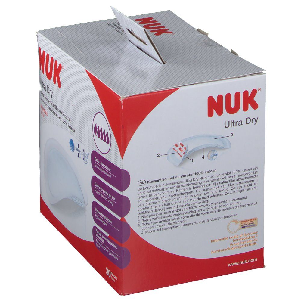 Confezione NUK Ultra Dry. Descrizione e illustrazioni del prodotto. Contiene 30 pezzi. Scritte: Extra assorbente, mantiene la pelle asciutta, ipoallergenico.
