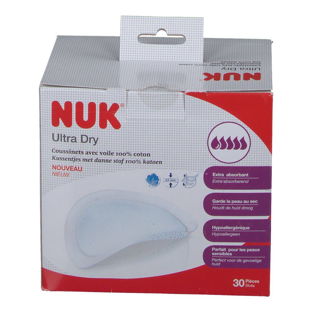 Confezione NUK Ultra Dry, 30 pezzi. Scritte: Extra assorbente, mantiene la pelle asciutta, ipoallergenico, perfetto per pelli sensibili. Immagine del prodotto.