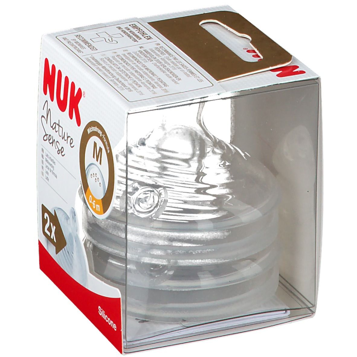 Tettarelle NUK Nature Sense in confezione. Taglia M, 0-6 mesi. Silicone. Confezione trasparente.