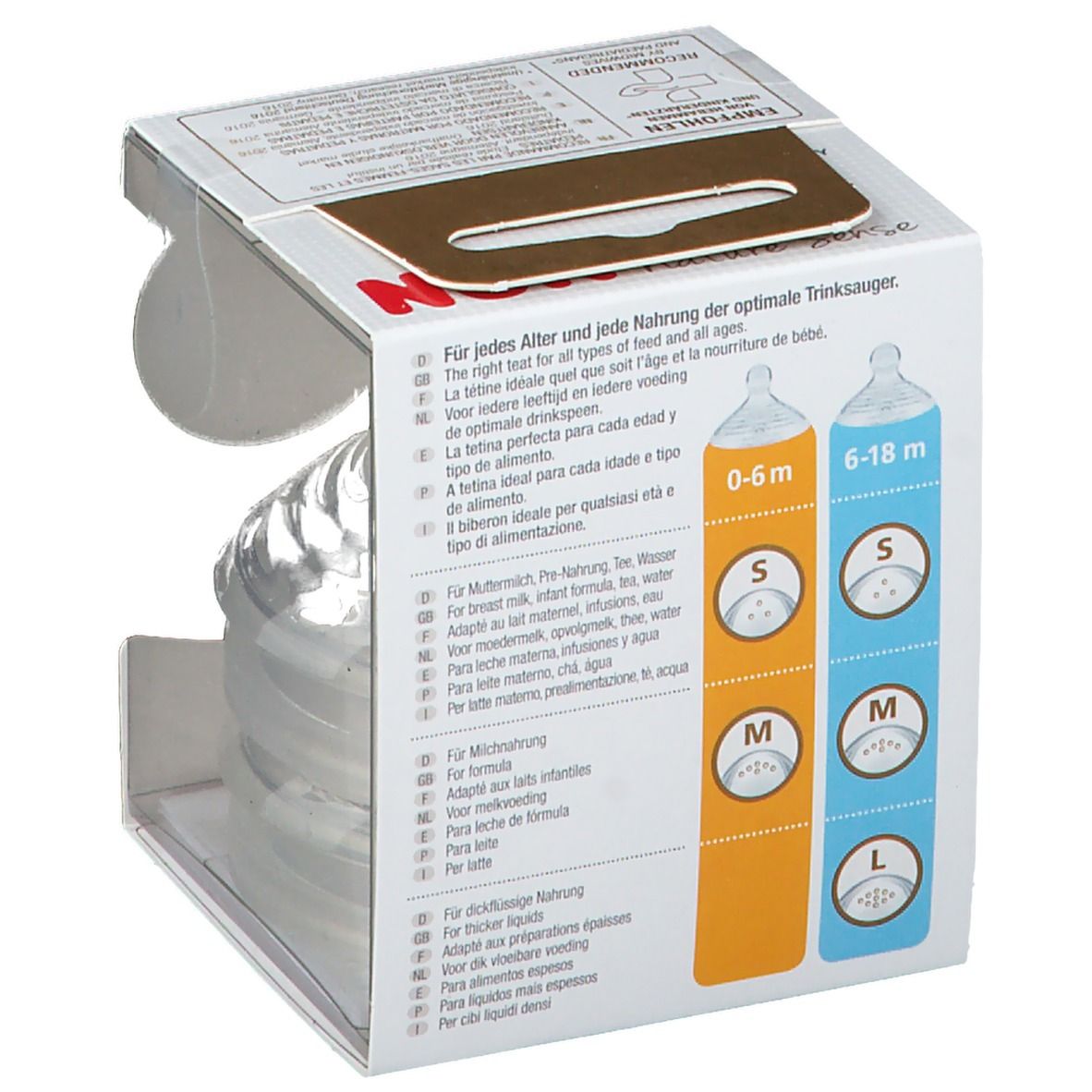 Tettarelle NUK Nature Sense in confezione. Taglie S, M, L. 0-6 e 6-18 mesi. Confezione trasparente.