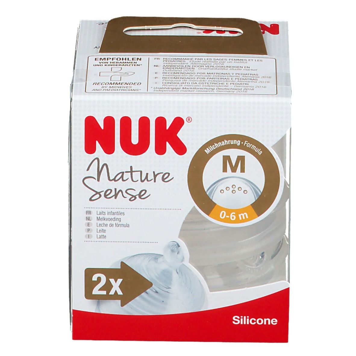 Tettarelle NUK Nature Sense in confezione. Taglia M, 0-6 mesi. 2 pezzi. Silicone. Confezione trasparente.