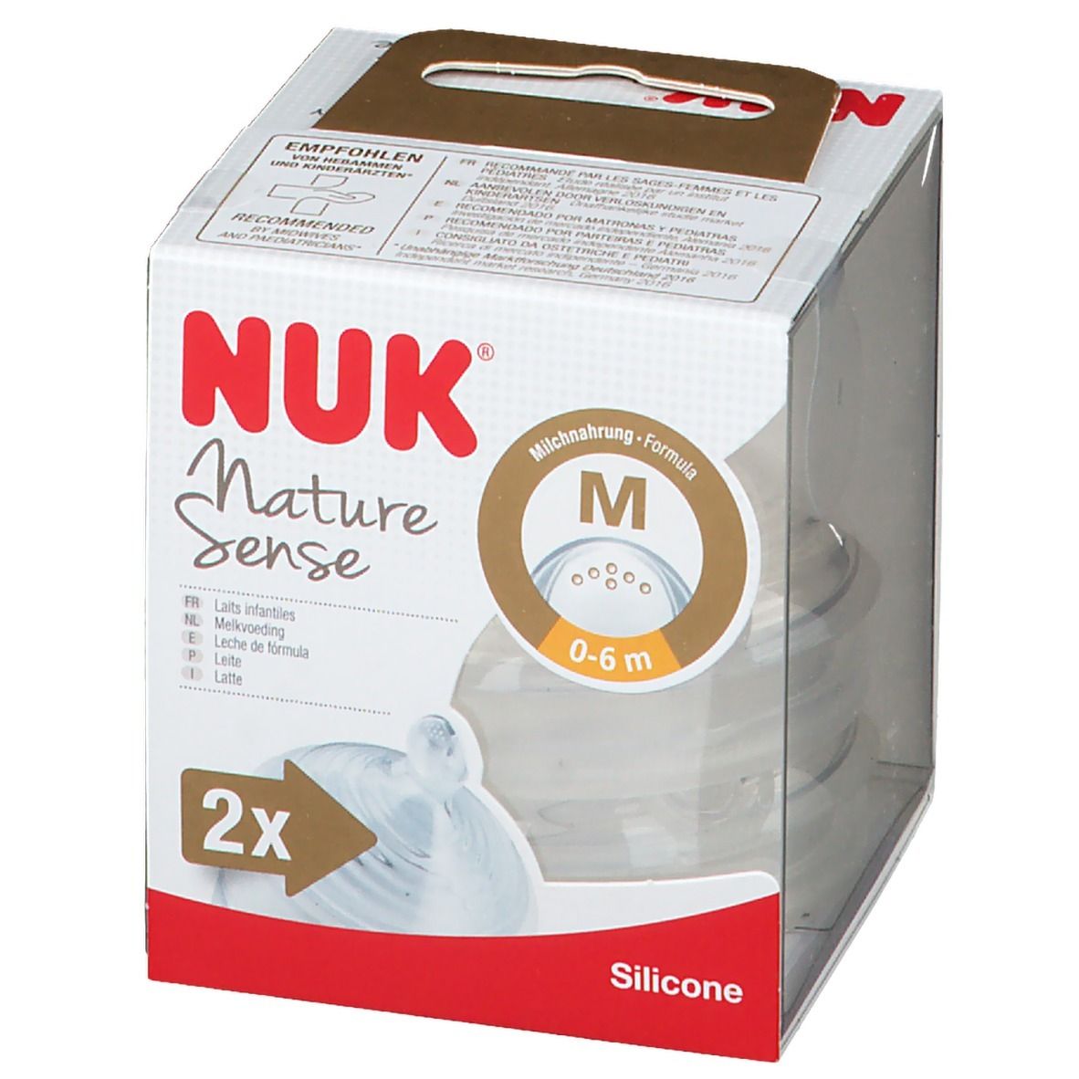 Tettarelle NUK Nature Sense in confezione. Taglia M, 0-6 mesi. Silicone. Confezione trasparente.