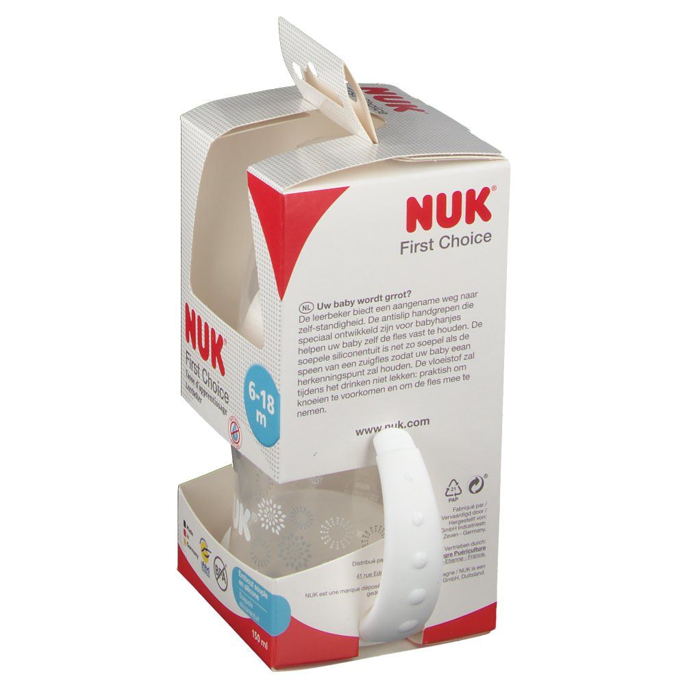 Confezione del biberon NUK First Choice. Biberon con manici visibile nella confezione aperta.