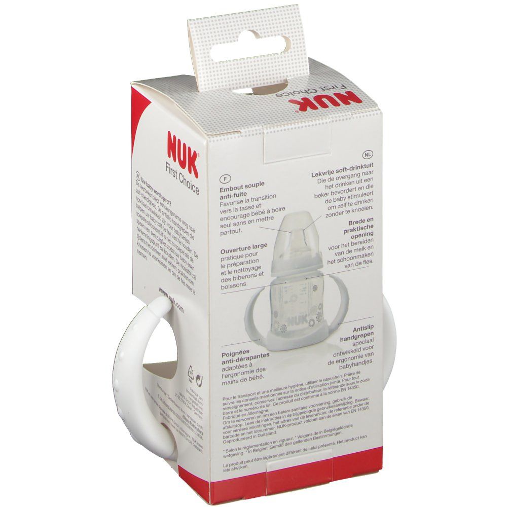 Confezione aperta del biberon NUK First Choice. Informazioni e illustrazioni sul packaging.