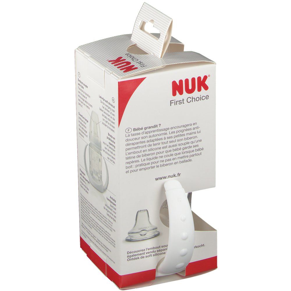 Retro della confezione aperta del biberon NUK First Choice. Illustrazioni e testo del prodotto.