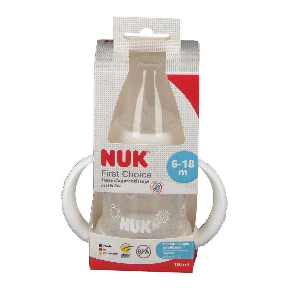Biberon NUK First Choice nella confezione. Età consigliata 6-18 mesi. Senza BPA.