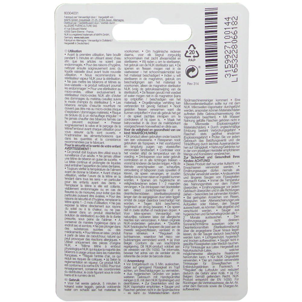 Retro del blister con testo multilingue. Informazioni sull'uso e la sicurezza.