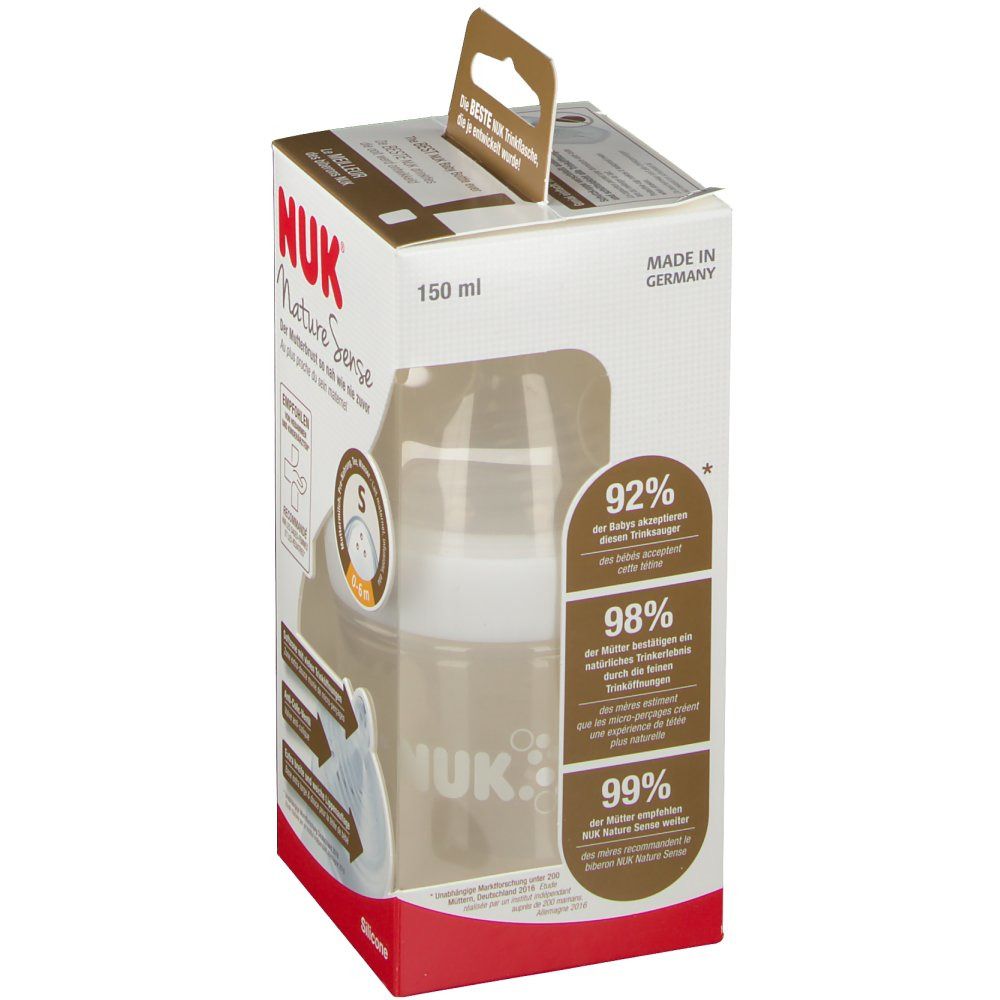 Confezione NUK Nature Sense. Biberon da 150 ml. Informazioni sul 92%, 98% e 99% dei bambini.