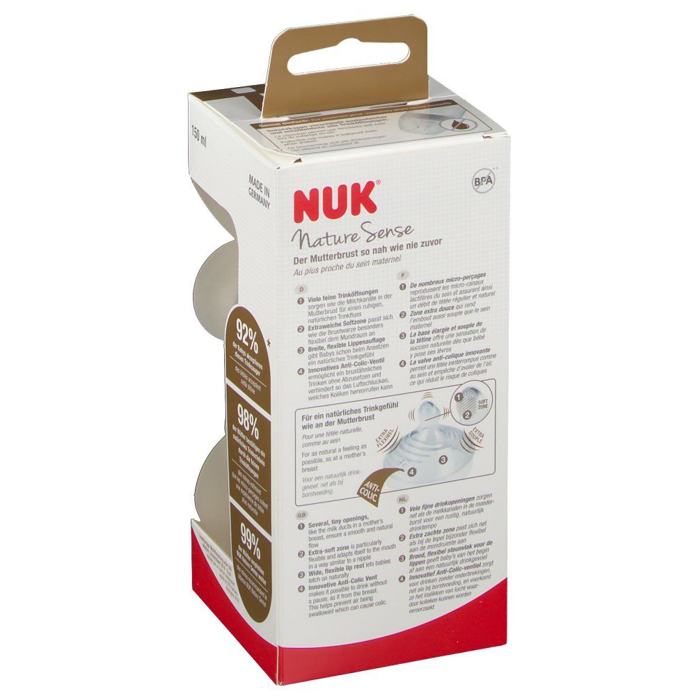 Retro della confezione NUK Nature Sense. Testo in tedesco. Rappresentazione grafica delle caratteristiche e dei vantaggi del biberon.