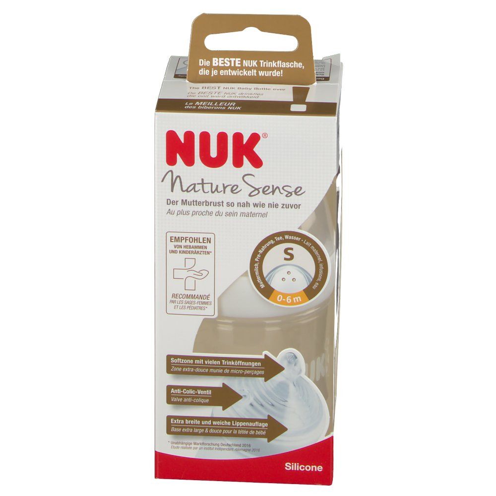Confezione NUK Nature Sense. Biberon con tettarella in silicone, corpo marrone e coperchio bianco. Consigliato per 0-6 mesi.