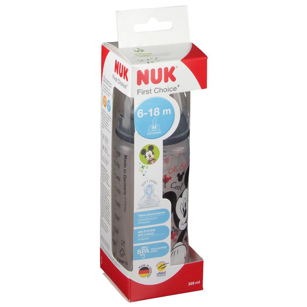 Biberon NUK First Choice, 6-18 mesi, in confezione. Design Mickey Mouse. Senza BPA. 300 ml.