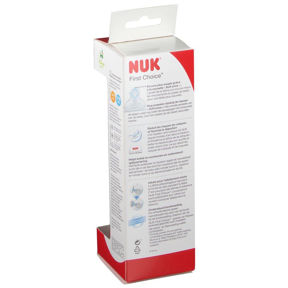 Confezione del biberon NUK First Choice. Informazioni sul biberon e la tettarella.