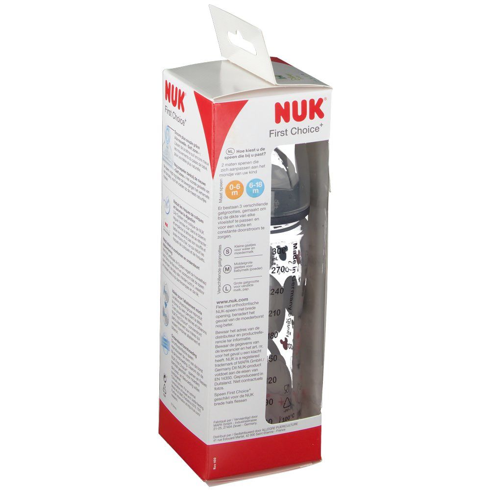 Retro della confezione del biberon. NUK First Choice. Età consigliata 0-6 e 6-18 mesi.