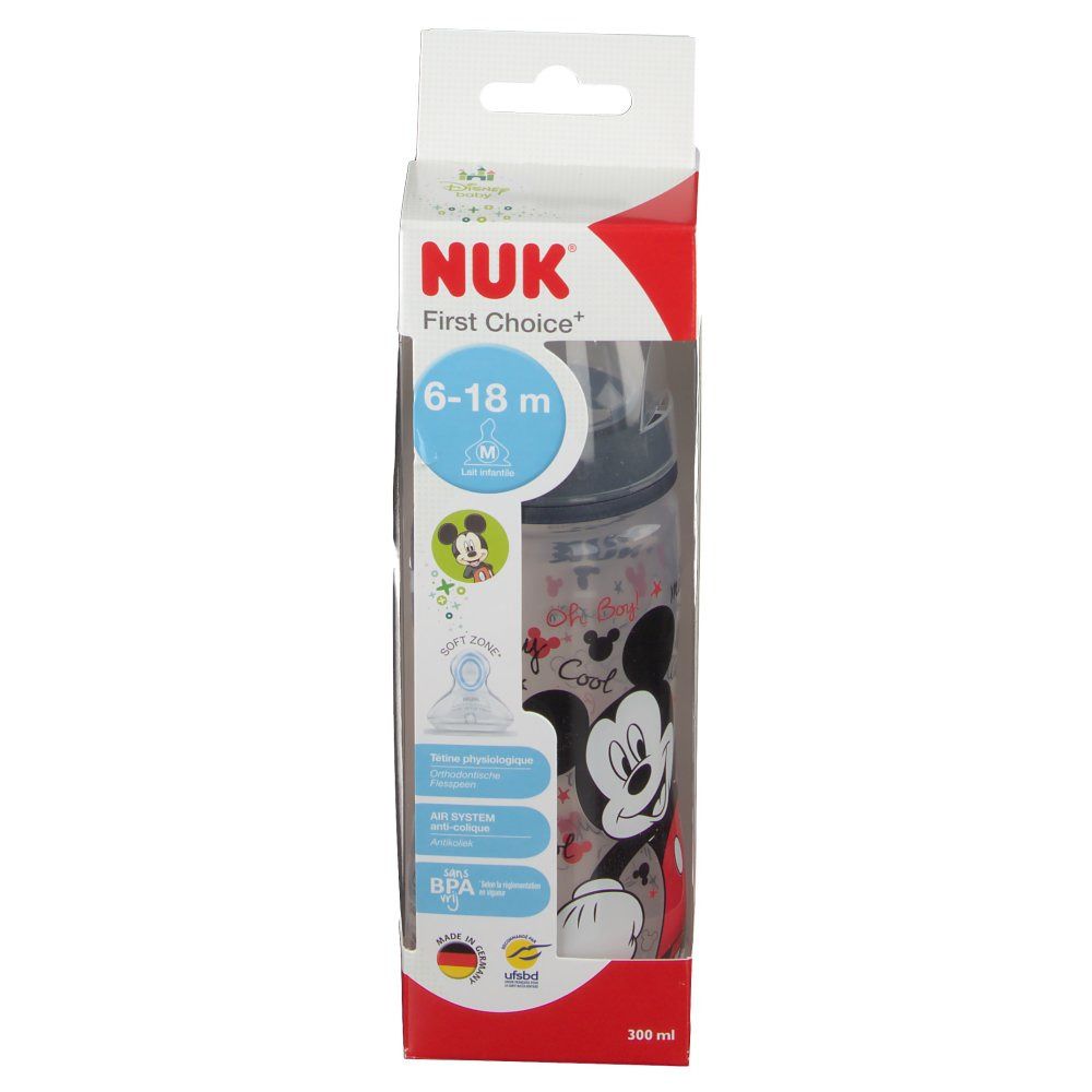 Biberon NUK First Choice, 6-18 mesi, in confezione. Design Mickey Mouse. Senza BPA. 300 ml.