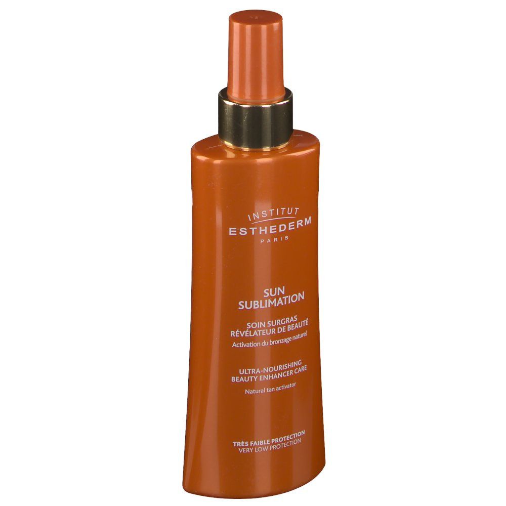 Flacone spray arancione con testo bianco. Scritta: INSTITUT ESTHEDERM PARIS, SUN SUBLIMATION.