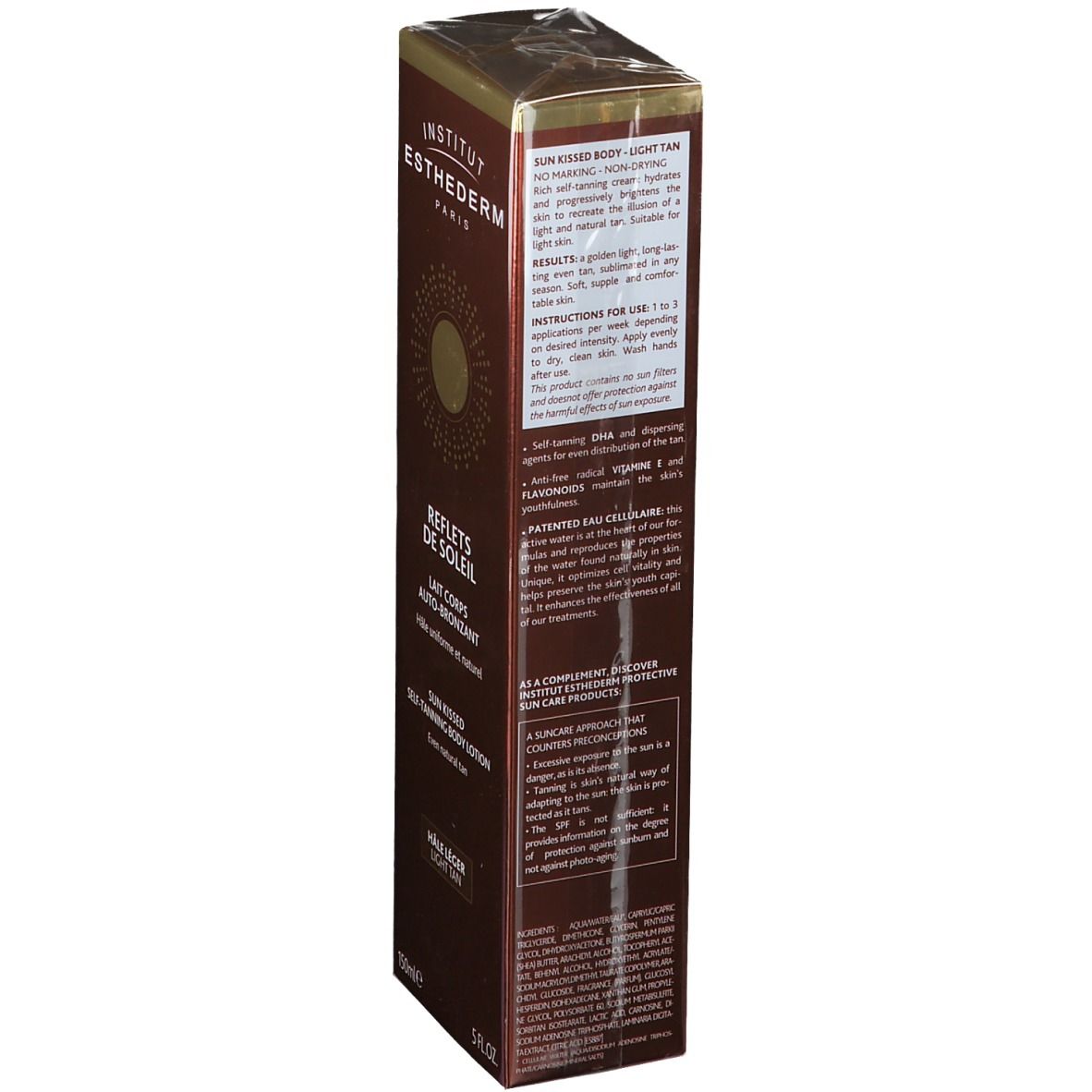 Confezione marrone con testo. INSTITUT ESTHEDERM PARIS, REFLETS DE SOLEIL, Informazioni sull'uso e ingredienti.