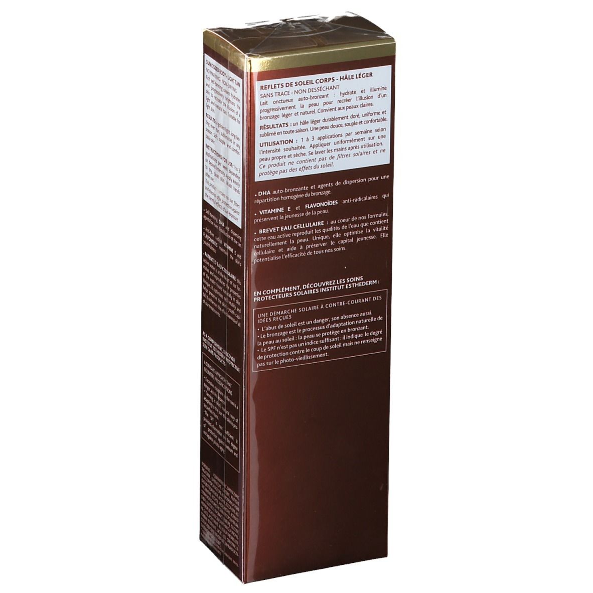 Confezione marrone con testo. INSTITUT ESTHEDERM PARIS, REFLETS DE SOLEIL, Ingredienti, istruzioni per l'uso e vantaggi.