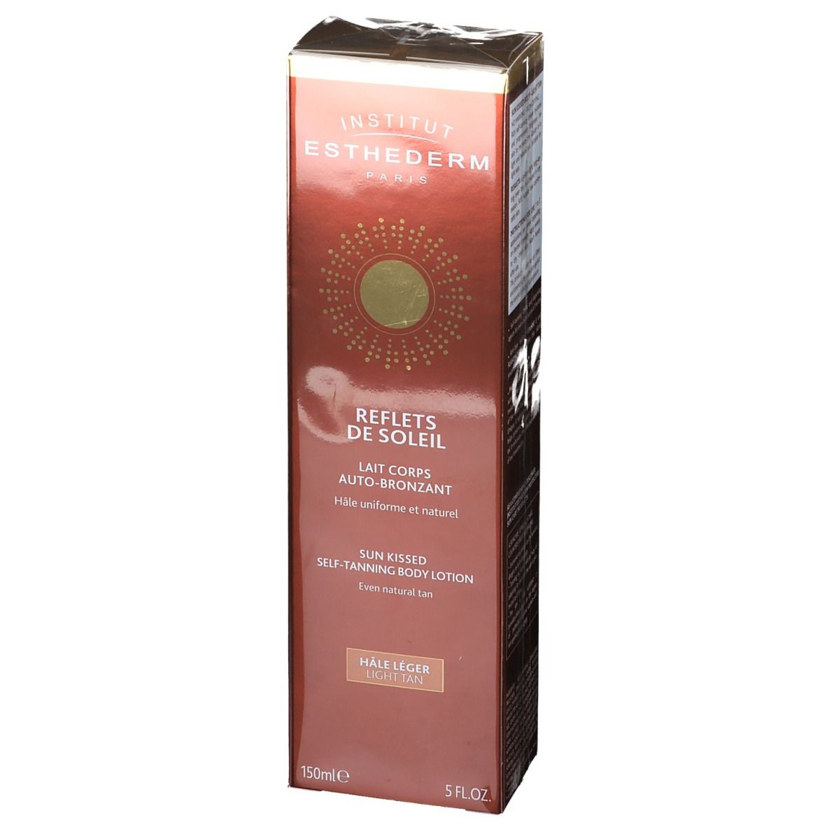 Confezione marrone con informazioni sul prodotto. INSTITUT ESTHEDERM PARIS, REFLETS DE SOLEIL, Lozione corpo autoabbronzante, 150ml.