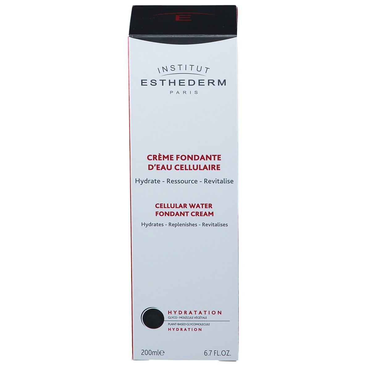 Confezione del prodotto. INSTITUT ESTHEDERM PARIS. CRÈME FONDANTE D'EAU CELLULAIRE. CELLULAR WATER FONDANT CREAM. 200ml 6.7 FL.OZ. Cerchio nero.