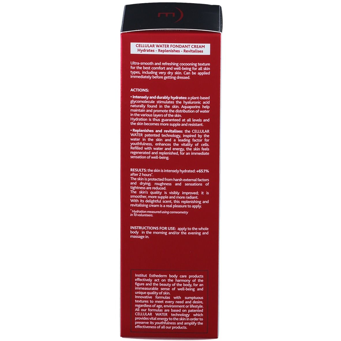 Retro della confezione. Testo: CELLULAR WATER FONDANT CREAM. Hydrates - Replenishes - Revitalises. Istruzioni per l'uso. INSTITUT ESTHEDERM.