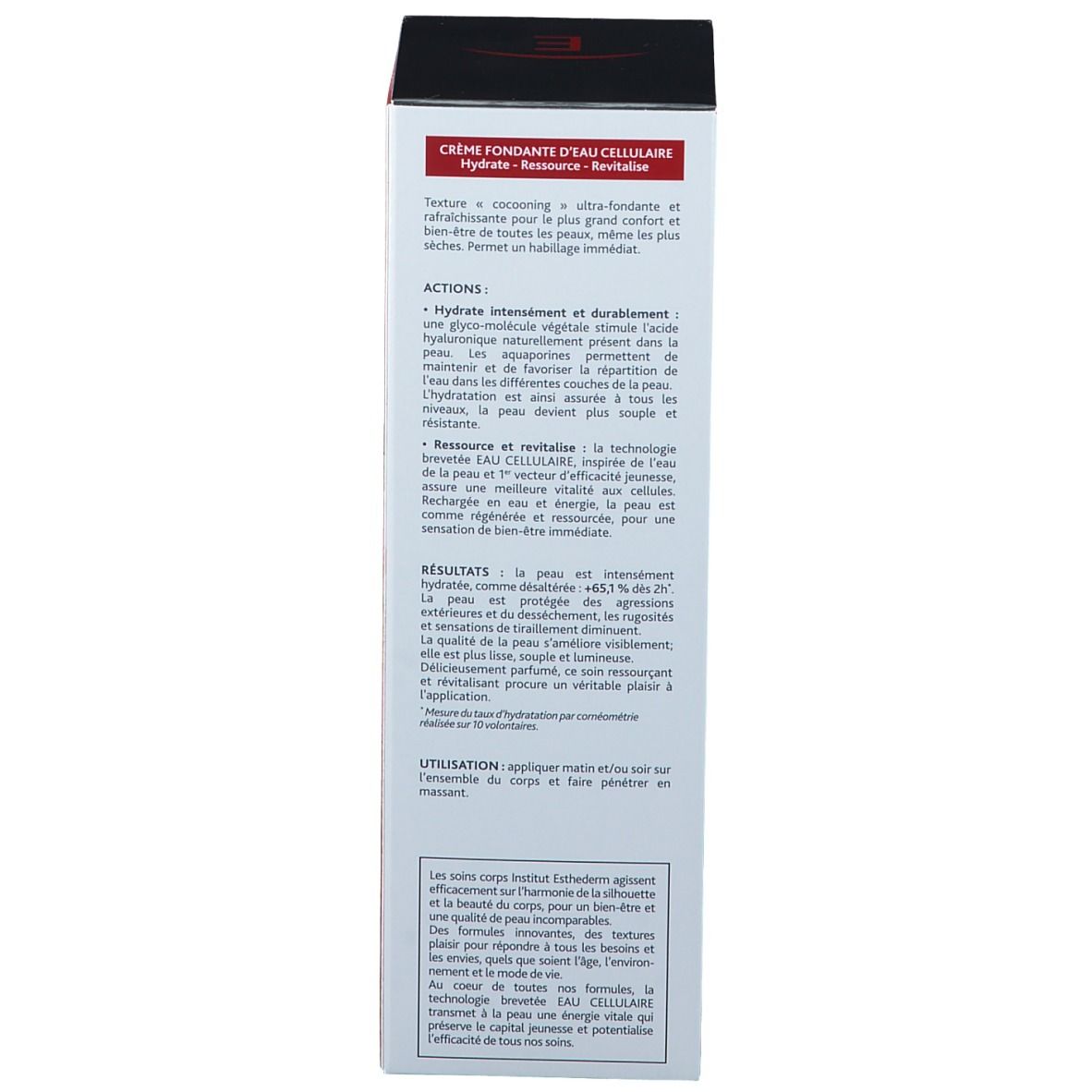 Retro della confezione. Testo: CRÈME FONDANTE D'EAU CELLULAIRE. Hydrate - Ressource - Revitalise. Istruzioni per l'uso. INSTITUT ESTHEDERM.