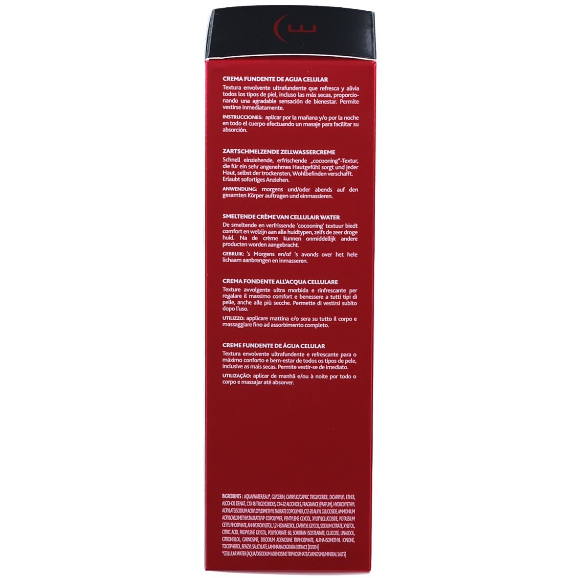Retro della confezione. Testo: CRÈME FONDANTE DE AGUA CELULAR. Istruzioni per l'uso. INSTITUT ESTHEDERM. Testo multilingue.